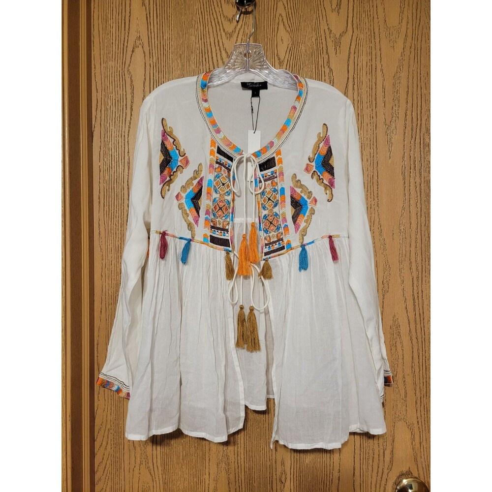 RD Koko Boho Embroidered Tassel Cardigan Blouse White Colorful Tribal Print  Lrg